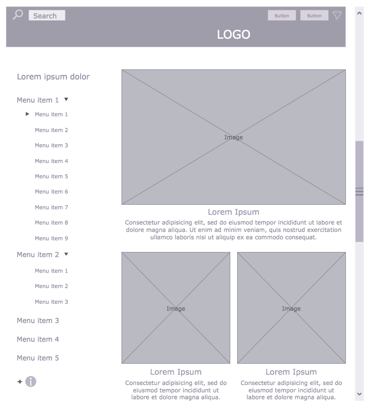 Website wireframe with UI elements