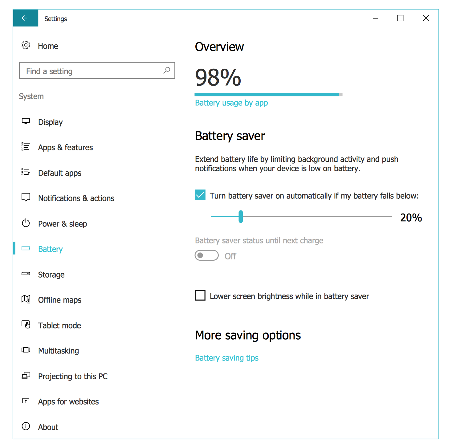 Windows 10 User Interface — System Settings Battery Saver 