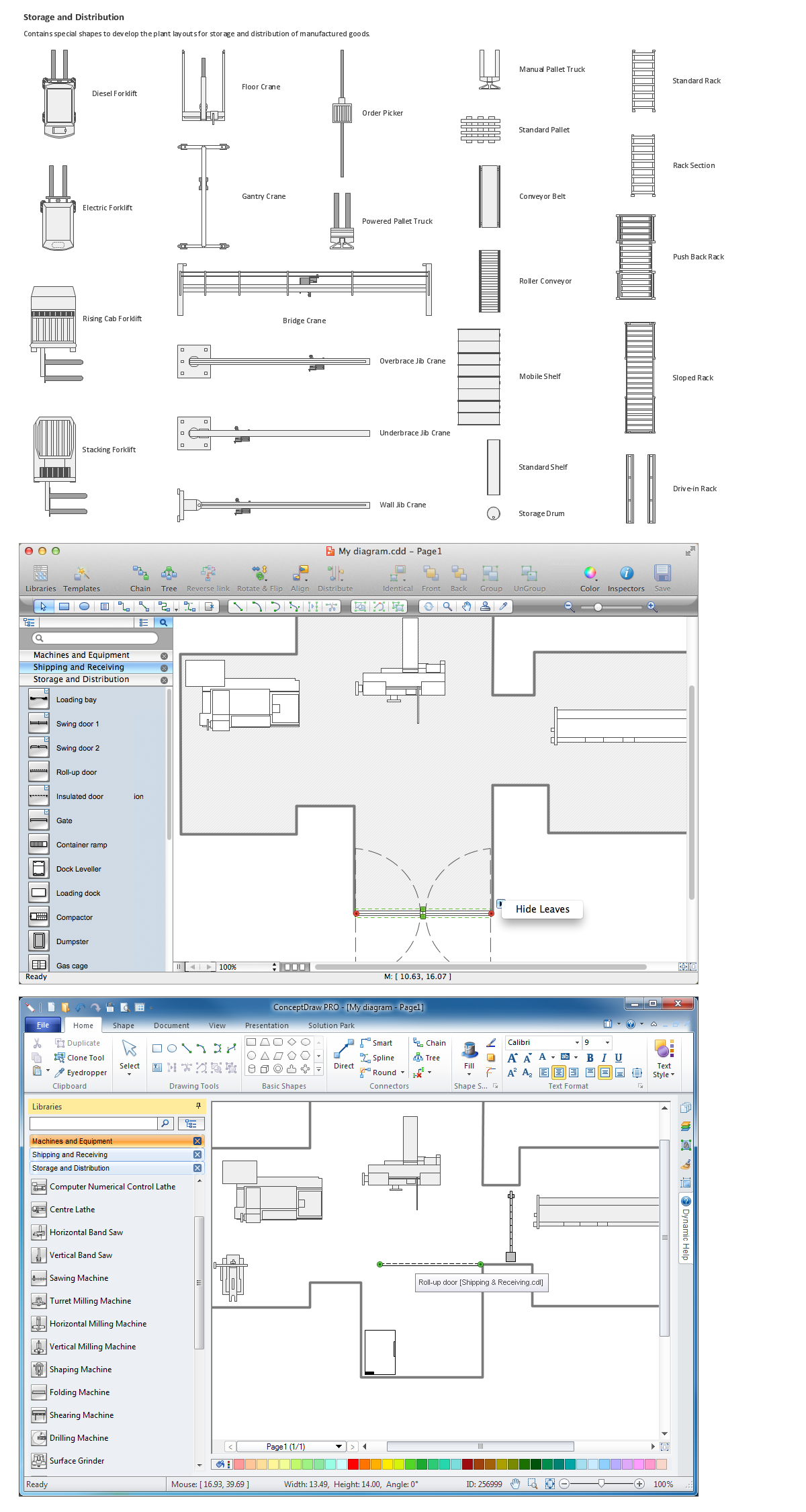 Building drawing software. Design elements of storage and distribution plant layout plans.