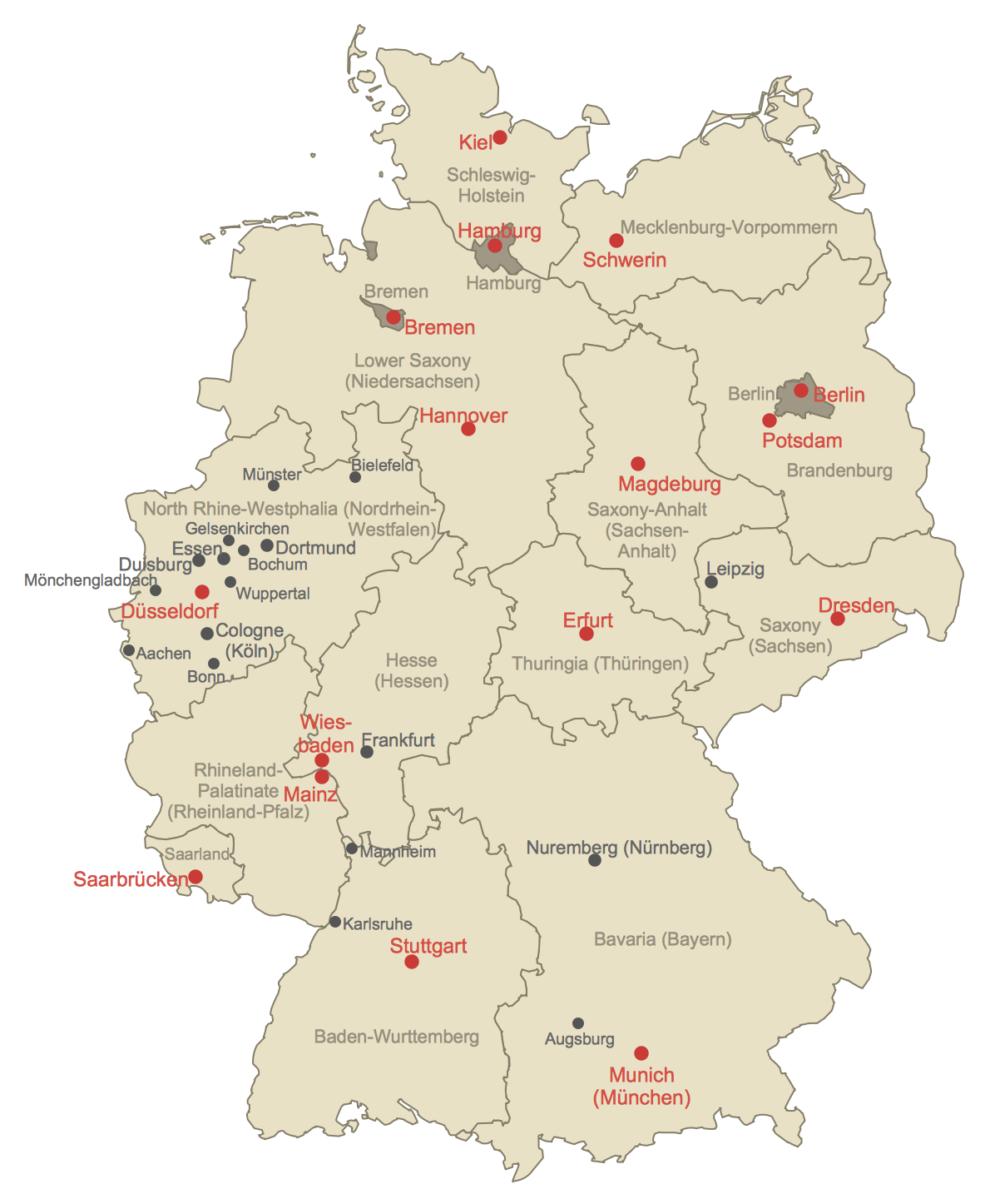 Depict Federal Republic of Germany on a printable regional map