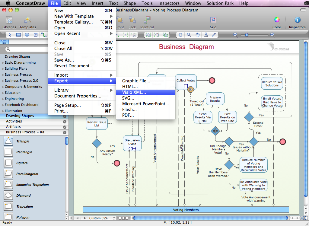 Export from ConceptDraw DIAGRAM Document to MS Visio® XML *