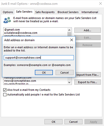 outlook adding to safe senders list