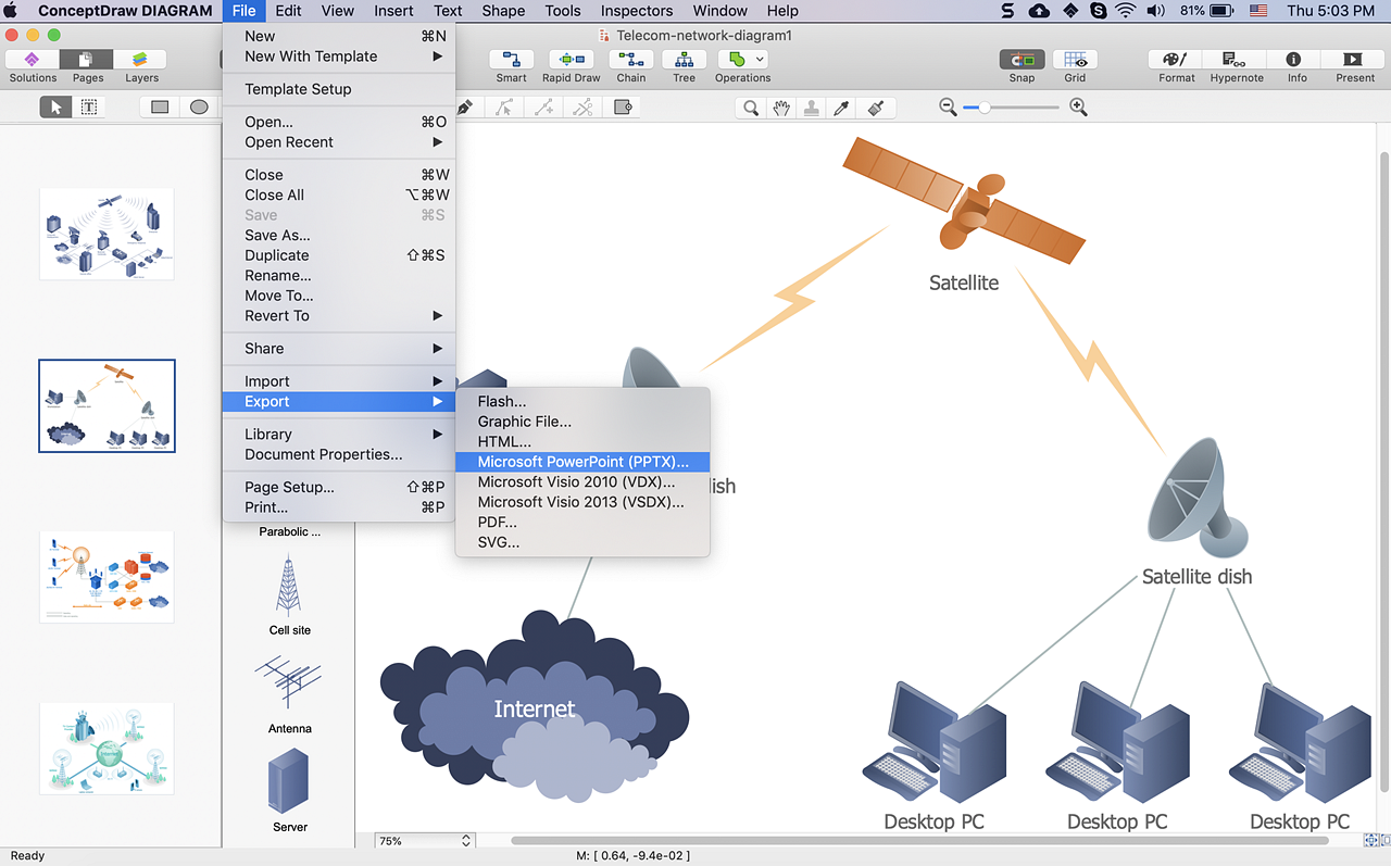 Create network. Conceptdraw diagram. Network diagram POWERPOINT. Satellite Visio VSDX. Схема сети conceptdraw.