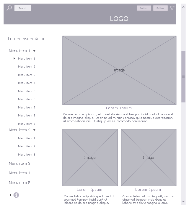 Website wireframe example, vertical scrollbar, triangle label right, triangle label down, text box, small button normal, search icon, magnifying glass icon, search button, menu item, info circle icon, image box, heading, full banner, filter icon, button, rectangle, Plus sign icon, add icon,