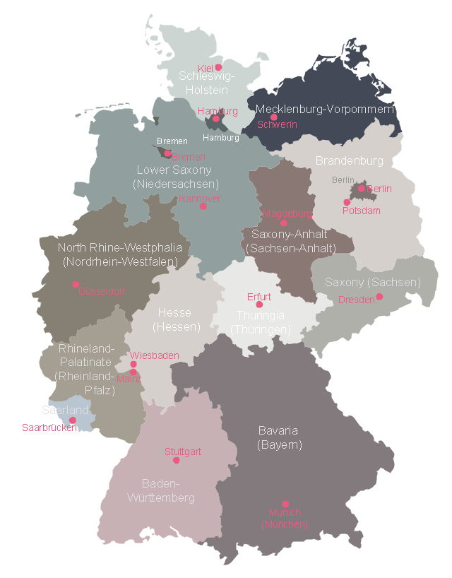 Germany federal states map example, Weser-Ems, Thuringia (Thüringen), Schleswig-Holstein, North Rhine-Westphalia, Nordrhein-Westfalen, Lüneburg, Hanover, Hannover, Germany districts, Braunschweig,