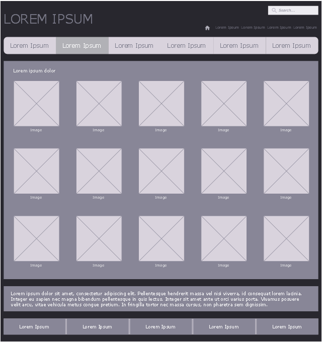 Website wireframe example, search icon, search form, paragraph, text, menu item right, menu item central, menu item , menu, leaderboard, home button, heading, half banner, figure and figcaption,