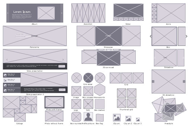 Website wireframe design elements, thumbnail grid, slideshow, slider, slide presentation, showcase, profile picture, photo without frame, photo with frame, panorama, logo, image, icons, honeycomb, grid slider, grid, freestyle, collage, clip art, card picture, box rounded, box flag, box dashed, box crossed, box, album, accordion, SVG, 3D slideshow, 3D carrousel,
