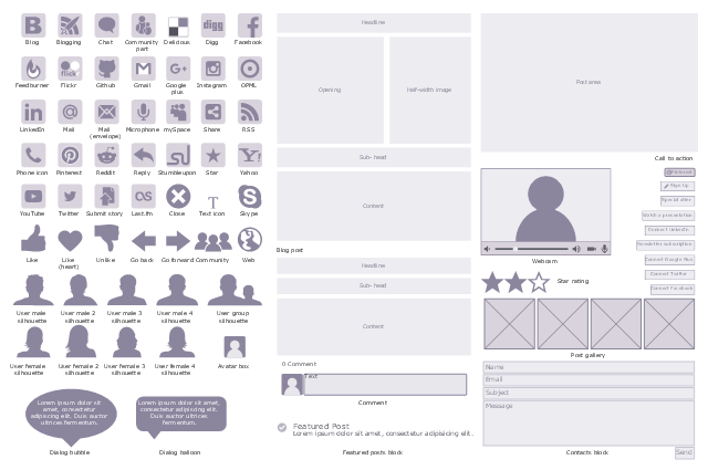 Website wireframe design elements, you tube icon, yahoo icon, webcam, web, globe icon, user male silhouette, user group silhouette, user female silhouette, unlike icon, twitter, text icon, submit story icon, stumbleupon, star rating, star, skype, share, reply icon, reddit, post gallery, post area, pinterest, phone icon, mySpace, microphone, mail, envelope, mail, linkedIn, like, heart, like, last.fm, instagram icon, google plus, go forward icon, go back icon, gmail, github, flickr, feedburner, featured posts block, facebook, drawing shapes, digg, dialog bubble, dialog balloon, delicious icon, contacts block, community part, community icon, comment, close, chat, call to action – newsletter subscription, call to action – connect pinterest, call to action – connect Twitter, call to action – connect LinkedIn, call to action – connect Google Plus, call to action – connect Facebook, call to action - watch a presentation, call to action - special offer, call to action - sign up, blogging, blog post sub-head, blog post headline, blog post content, blog post, blog, avatar box, RSS, web feed icon, OPML,