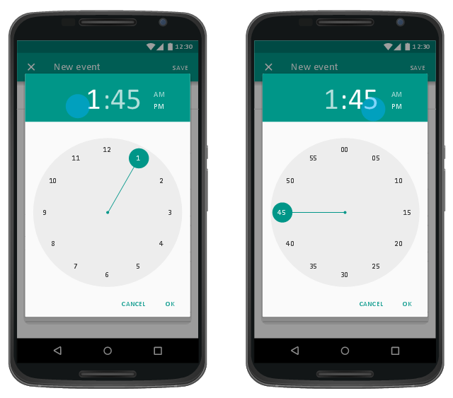 Time picker dialog, time picker, text field, floating label, text field, navigation bar, inline menu icon, full-width text field, full-screen dialog app bar, flat button, drawing shapes, dimmed background, Nexus 6,