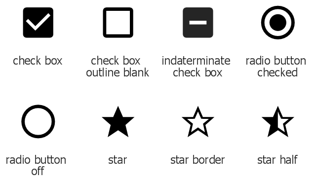 Toggle system icons, star icon, star half icon, star border icon, radio button unchecked icon, radio button checked icon, indaterminate check box icon, check box outline blank icon, check box icon,