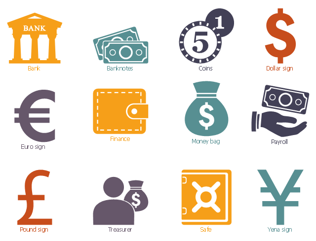 Workflow icons, yena sign, treasurer, safe, pound sign, payroll, money bag, finance, euro sign , dollar sign, coins, banknotes, bank,
