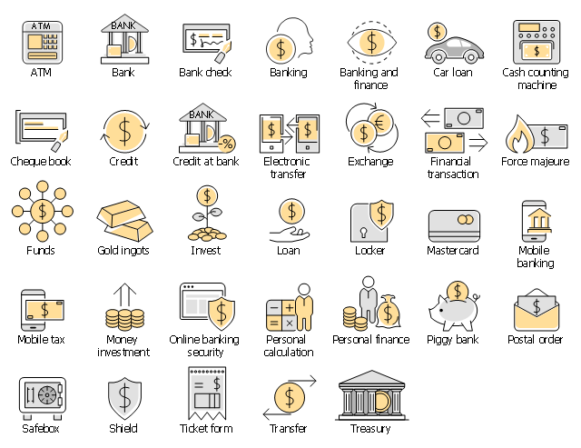 Infographic elements, treasury, transfer, ticket form, shield, safebox, postal order, piggy bank, savings, personal finance, personal calculation, online banking security, money investment, mobile tax, mobile banking, mastercard, locker, loan, invest, gold ingots, funds, force majeure, financial transaction, exchange, electronic transfer, drawing shapes, credit at bank, credit, cheque book, cash counting machine, car loan, banking and finance, banking, bank check, bank, ATM,