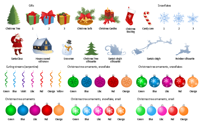 Vector clip art, Сhristmas candles, snowman, snowflake, reindeer silhouette, deer silhouette, house covered with snow, gift, present, curling stream, serpentine, candy cane, Santa's sleigh silhouette, Santa's sleigh, Santa Claus, Santa Claus with a bag, Christmas tree silhouette, Christmas tree ornament, Christmas tree, Christmas stocking, Christmas bells,