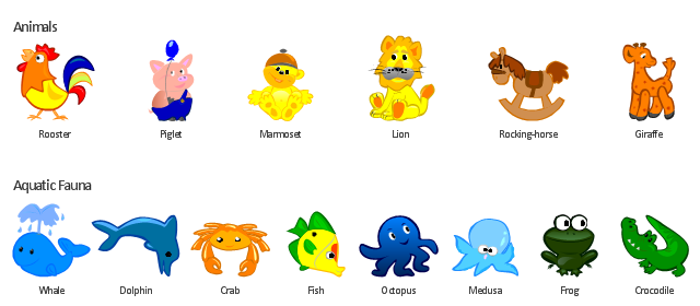 Cartoon, whale, rooster, rocking-horse, piglet, octopus, medusa, marmoset, lion, giraffe, frog, fish, dolphin, crocodile, crab,