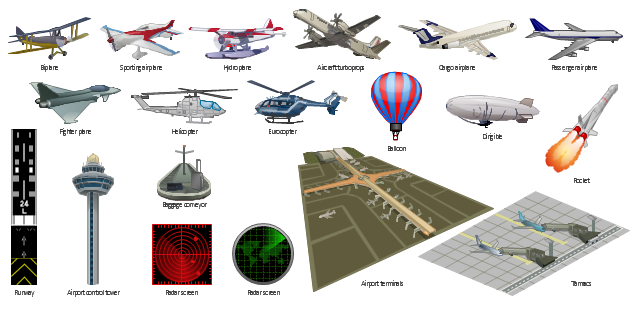 Vector clip art, sporting airplane, runway, rocket, radar screen, passenger airplane, hydroplane, helicopter, eurocopter, helicopter, fighter plane, battle-plane, battleplane, battle plane, dirigible, zeppelin, blimp, cargo airplane, biplane, balloon, baggage conveyor, airport, control tower, airport terminals, aircraft turboprops, Tarmacs,