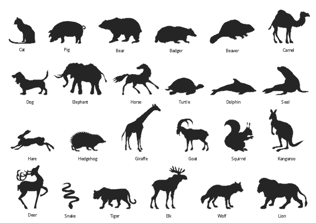 Vector silhouettes, wolf, turtle, tiger, squirrel, snake, seal, pig, lion, kangaroo, horse, hedgehog, hare, goat, giraffe, elk, elephant, dolphin, dog, deer, cat, camel, beaver, bear, badger,