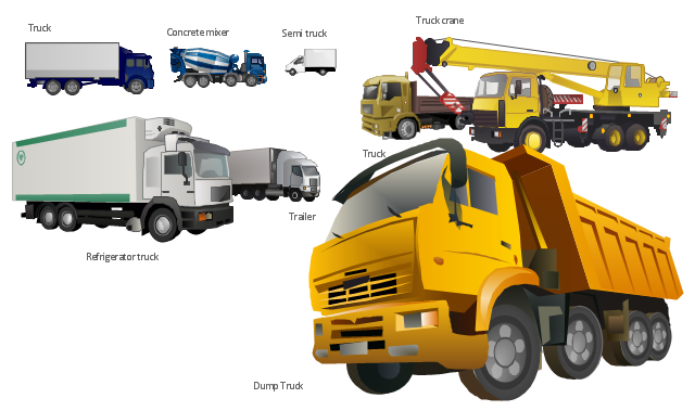Vector illustration, truck crane, crane, truck, trailer, semi truck, refrigeration truck, dumper, dump truck, concrete mixer,