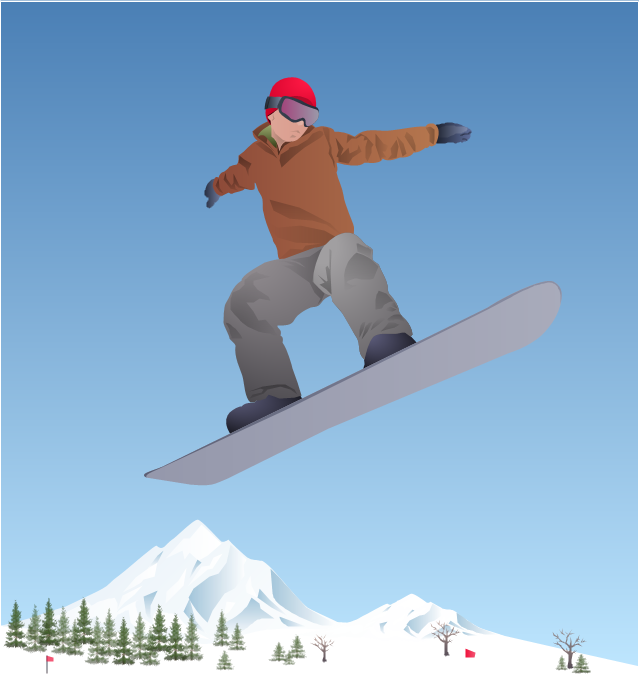 Vector clip art, tree, snowboard, snowboarder, snowboarding,
