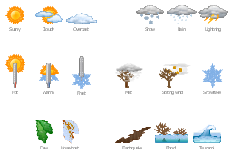 Vector clip art, warm, tsunami, sunny, strong wind, wind, snowflake, snow, rain, overcast, mist, lightning, thunder, hot, hoarfrost, frost, rime, hoar, frosting, white frost, frost, cold, flood, earthquake, dew, cloudy,