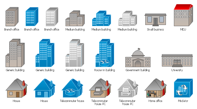 Cisco building symbols, university , telecommuter house PC, telecommuter house, small business , medium building, mediator, house, home office, headquarters, generic building, government building , building with router, branch office, MDU,
