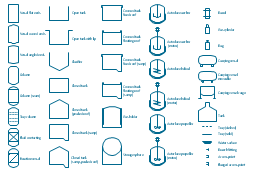 Vessel symbols, water surface, vessel, drum, pressure vessel, tray, solid, column, tray, dashed, column, tray column, storage sphere, open tank, gas holder, gas cylinder, fluid contacting, vessel, flanged access point, covered tank, floating roof, sump, covered tank, floating roof, covered tank, fixed roof, sump, covered tank, fixed roof, column, closed tank, sump, closed tank, peaked roof, closed tank, clarifier, setting tank, carrying vessel, moveable, carrying vessel, cargo, carrying vessel, branch fitting, barrel, bag, autoclave, propeller agitator, autoclave, helical agitator, autoclave, anchor agitator, access point,