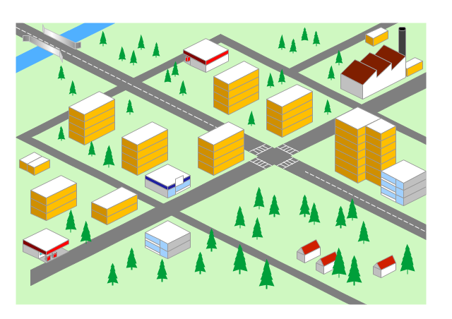 3D Directional map, tree, store, road, river, petrol station, factory, crosswalks, corner, bridge,