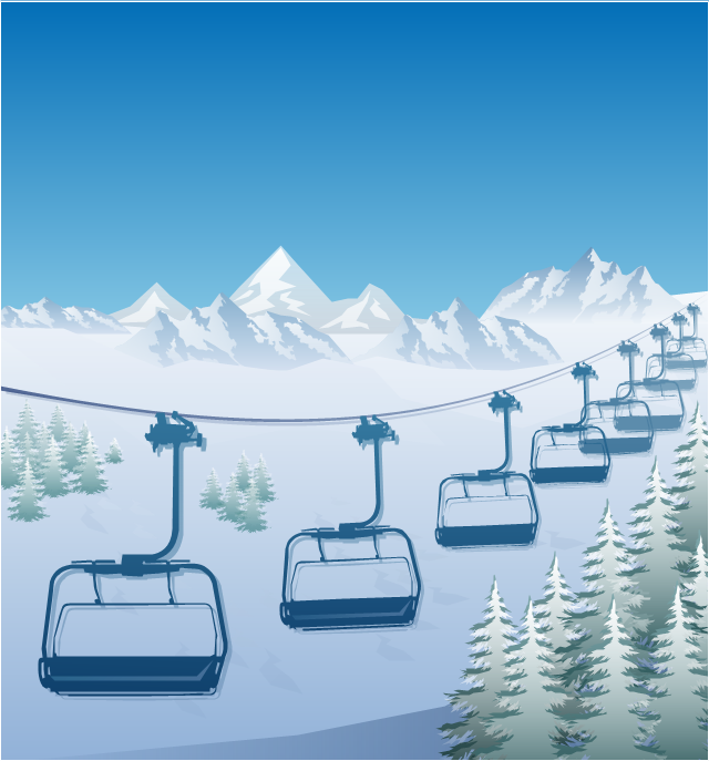 Winter sport illustration, ski lift ride, ski lift silhouette,