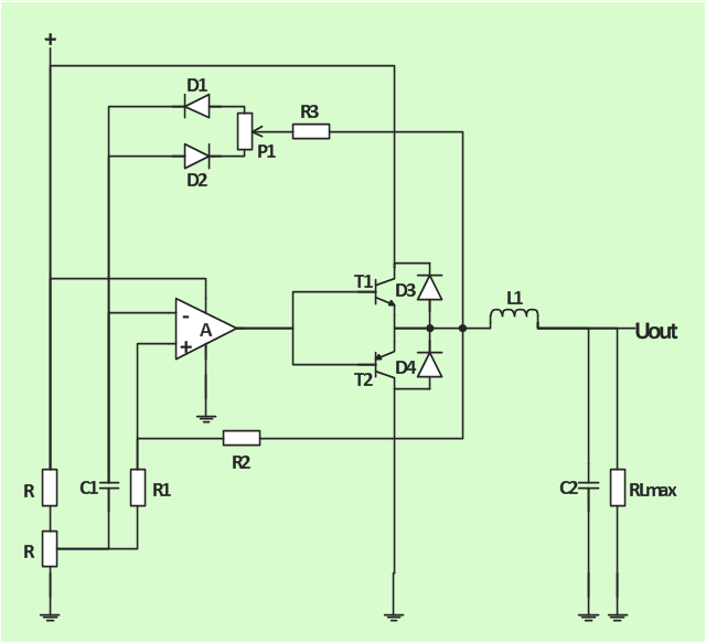 Circuit diagram, operational amplifier, junction, ground connection, ground, fixed resistor, resistor, fixed capacitor, capacitor, bipolar transistor, bipolar junction transistor, BJT, PNP, bipolar transistor, bipolar junction transistor, BJT, NPN, air inductor, inductor,