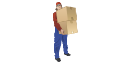 Stocker with cardboard boxes, loading workman, warehouse worker,