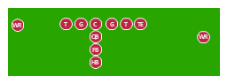 American football positions diagram, wide receiver, WR, tight end, TE, running back, RB, quarterback, QB, offensive tackle, T, offensive guard, G, holder, H, center, C,