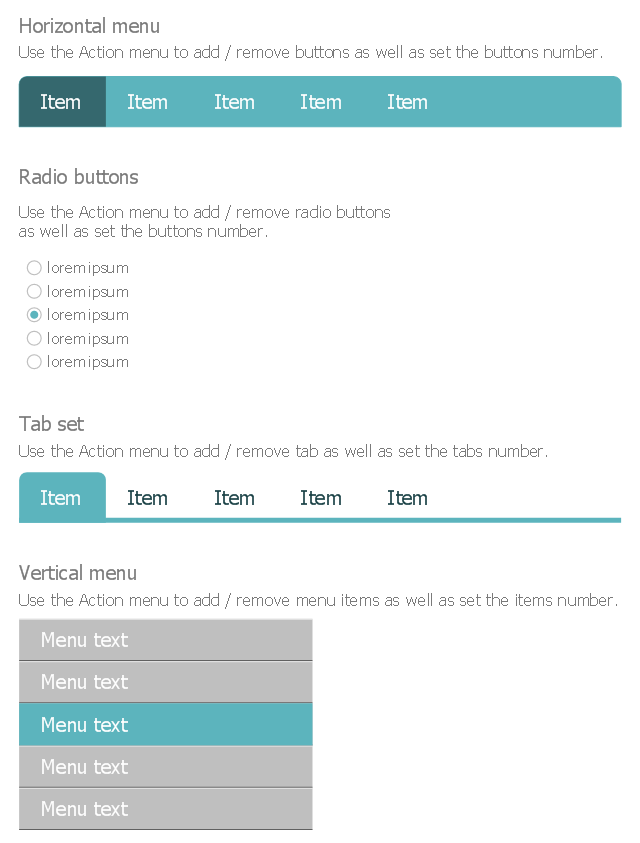 Menus, tabs, radio buttons, vertical menu, tab set, tab bar, radio buttons, radio button, horizontal menu,