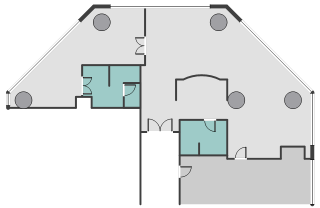 Room layout, window, casement, wall, room, exterior wall, double door, door, circular column, column,