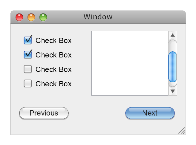 Mac OS X GUI, window, vertical scroll, group of check boxes, field, button,