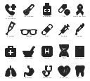 Medical pictograms, tooth, thermometer, temperature, syringe, stomach, stethoscope, phonendoscope, pills, pharmacy, patch, plaster, medicament, remedy, preparation, cure, lungs, hospital, glasses, eyeglasses, first aid, echocardiography, cardiogram, heart, dropper, pipette, crutches, case report, medical report, calling an ambulance, awareness ribbon, DNA,