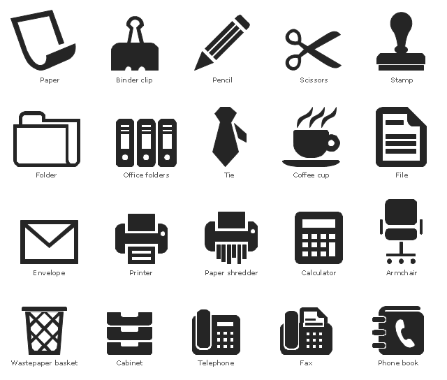 Pictograms, trash bin, wastepaper basket, tie, telephone, stamp, scissors, printer, phone book, pencil, paper shredder, paper, office folders, folder, file, document, fax, envelope, mail, calculator, cabinet, drawers, boxes, binder clip, armchair, chair, working place, Coffee cup,