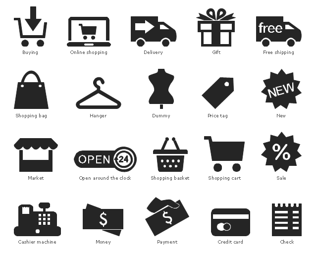 Pictograms, shopping cart, shopping basket, shopping bag, sale, discounts, price tag, label, payment, pay, open around the clock, online shopping, new, money, cash, payment, currency, finance, market, store, mannequin, dummy, fashion, hanger, gift, free shipping, delivery, credit card, cashless payment, check, bill, cashier machine, cash till, cash, buying, shopping,