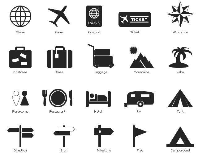 Pictograms, wind rose, compass, ticket, air ticket, tent, sign, direction, restrooms, WC, recreational vehicle, RV, plane, flight, plane, passport, palm, mountains, landscape, milestone, luggage, things, hotel, transit, globe, earth, world, food, plate, fork, knife, dinner, restaurant, flag, direction, case, campground, camping, briefcase,
