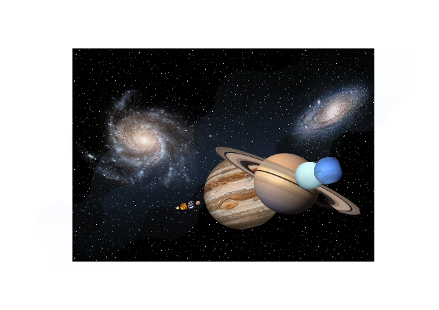 Relative sizes of the Solar System planets, planets, night sky, galaxy,