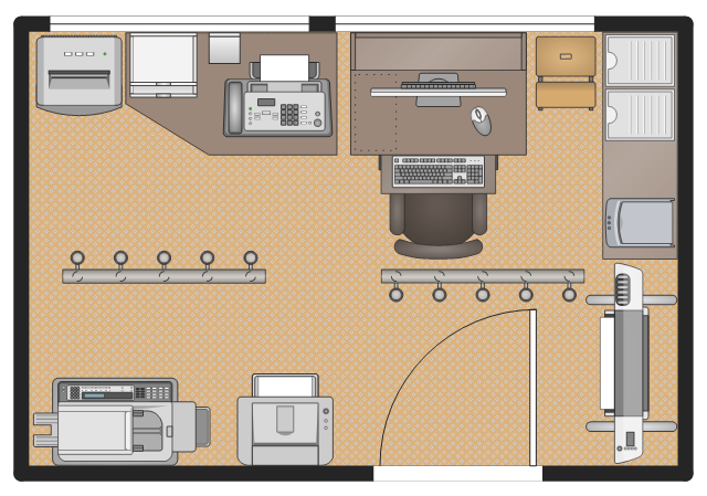 Office layout example, window, casement, step stool, scanner, rectangular room, printer, plotter, pencil storage tray, paper/pencil storage tray, paper storage tray, paper shredder, shredder, mouse, letter tray, keyboard tray, keyboard, fax machine, door, desk chair, cubical shelf, copier, computer work station, ceiling track, 5 spots, bevel surface, PC monitor,