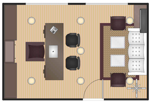 Layout example, window, casement, rectangular room, reception couch, hat and coat stand, guest chair, side chair with arms, side chair, chair, door, desk chair, desk, coffee table, buffet, hutch, bookcase, armchair, air conditioner, wall mounted, VoIP phone, MacBook Pro, LED ceiling lamp,