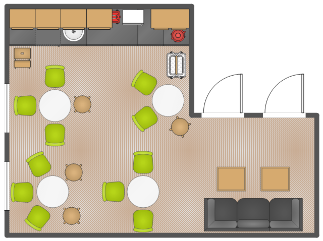 Layout example, window, casement, wall cabinet, utility cart, toaster, swivel chair, stool, step stool, stadium, sink, round bowl, refrigerator, upright freezer, reception sofa, office table, round, microwave oven, l-shaped room, high cabinet, 2 doors, high cabinet, 1 door, electric kettle, door, coffee table, circle,
