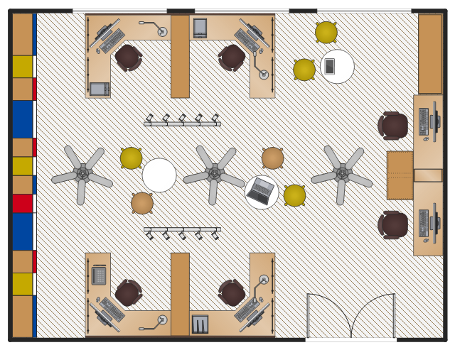 Layout example, workstation, 2 seats 5'x6', window, casement, tablet computer, stool, stadium, rectangular room, office table, round, magazine file, letter tray, laptop computer, keyboard, graphics tablet, fan, ceiling, double door, desk lamp, circle, cabinet with door, bookcase, all-in-one computer, U-bench, 2 seats, LED ceiling track, 5 spots,