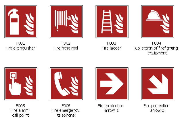 Hazard and warning symbols, fire protection arrow, ISO 7010 fire safety signs, F006 fire emergency telephone, ISO 7010 fire safety signs, F005 fire alarm call point, ISO 7010 fire safety signs, F004 collection of firefighting equipment, ISO 7010 fire safety signs, F003 fire ladder, ISO 7010 fire safety signs, F002 fire hose reel, ISO 7010 fire safety signs, F001 fire extinguisher, ISO 7010 fire safety signs,