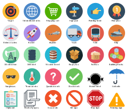 Icon set, wooden barrel, warning sign, umbrella, truck, train, subway, thermometer, target, sunglasses, stop sign, stack of papers, sign post, shopping cart, ship, rocket, question mark, pointing hand, oil extraction, oil barrel, no sign, market label, badge, globe, international sales, full box, first place, empty box, cross mark, clipboard, check mark, building blocks, balance scales, airplane,