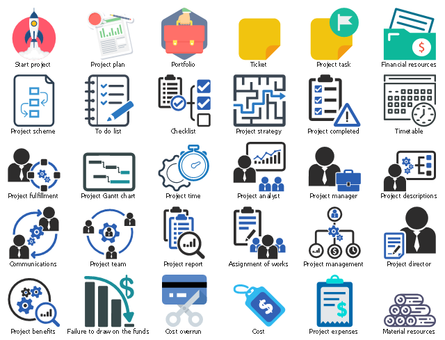 Icon set, to do list, timetable, ticket, start project, project time, project team, project task, project strategy, project scheme, project report, project plan, project manager, project management, project gantt chart, project fulfillment, project expenses, project director, project descriptions, project completed, project benefits, project analyst, portfolio, material resources, financial resources, failure to draw on the funds, cost overrun, cost, communications, checklist, assignment of works,