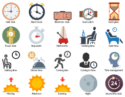 Icon set, working time, wall clock, waiting time, tower clock, time management, stopwatch, sand glass, rest time, night, morning, metronome, evening, electronic clock, dual watch, drawing shapes, dinner time, lunch time, coming late, coming in time, around the clock, alarm clock, afternoon,