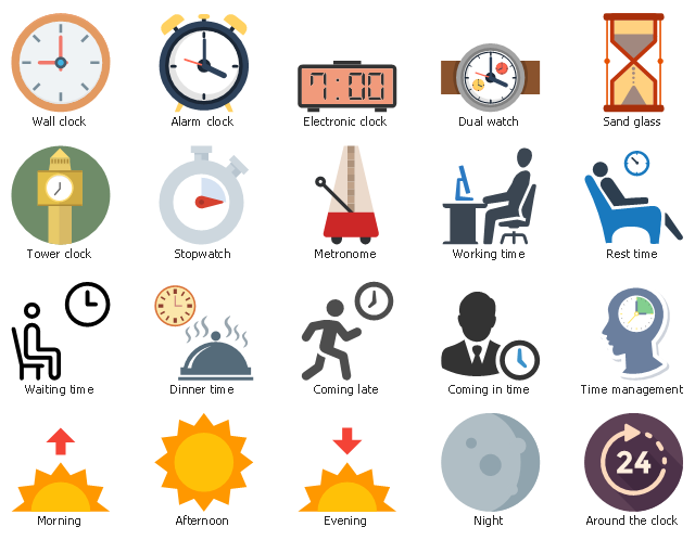 Icon set, working time, wall clock, waiting time, tower clock, time management, stopwatch, sand glass, rest time, night, morning, metronome, evening, electronic clock, dual watch, drawing shapes, dinner time, lunch time, coming late, coming in time, around the clock, alarm clock, afternoon,