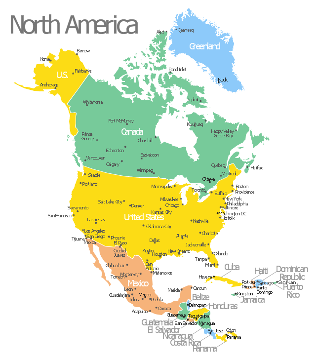 North America map template, USA, United States, United States of America, Puerto Rico, Panama, Nicaragua, Mexico, Jamaica, Honduras, Haiti, Guatemala, Greenland, El Salvador, Dominican Republic, Cuba, Costa Rica, Canada, Belize,