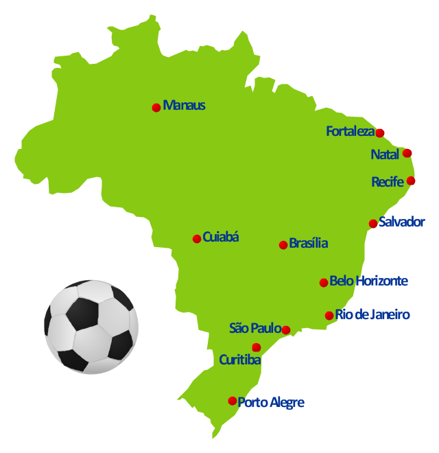 Geospatial infographics, soccer ball, Brazil,