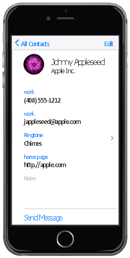 iPhone screen - Contact Card, text view, table view, navigation bar, menu bar, iPhone 6, chevron, disclosure indicator, >, button text label, back button,